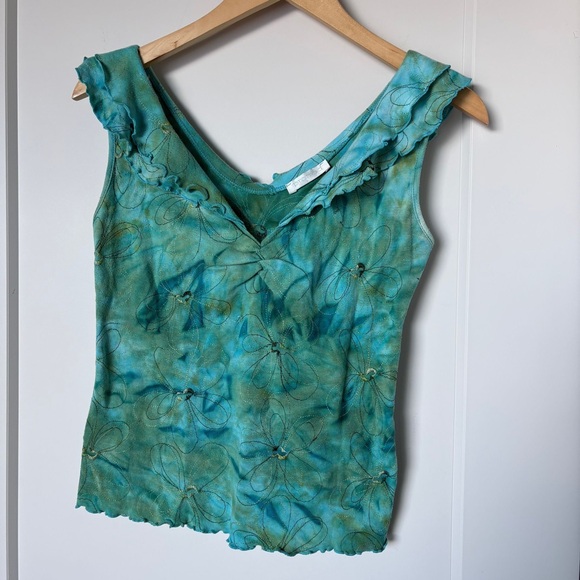 Promod Tops - Y2K 2000s Floral Ruffle V-Neck Crop Tank Top – Turquoise Tie-dye – 90s RomCom